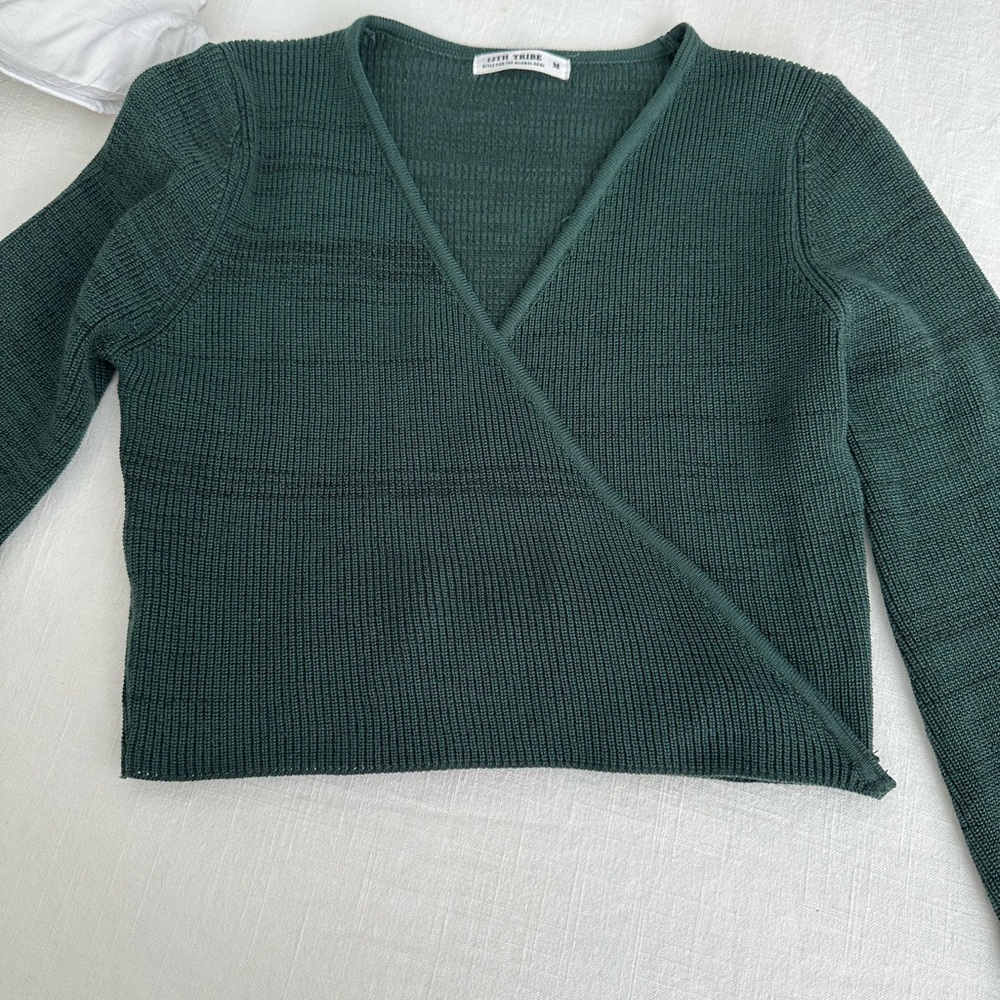 12th Tribe Dark Green V-Neck Wrap Sweater